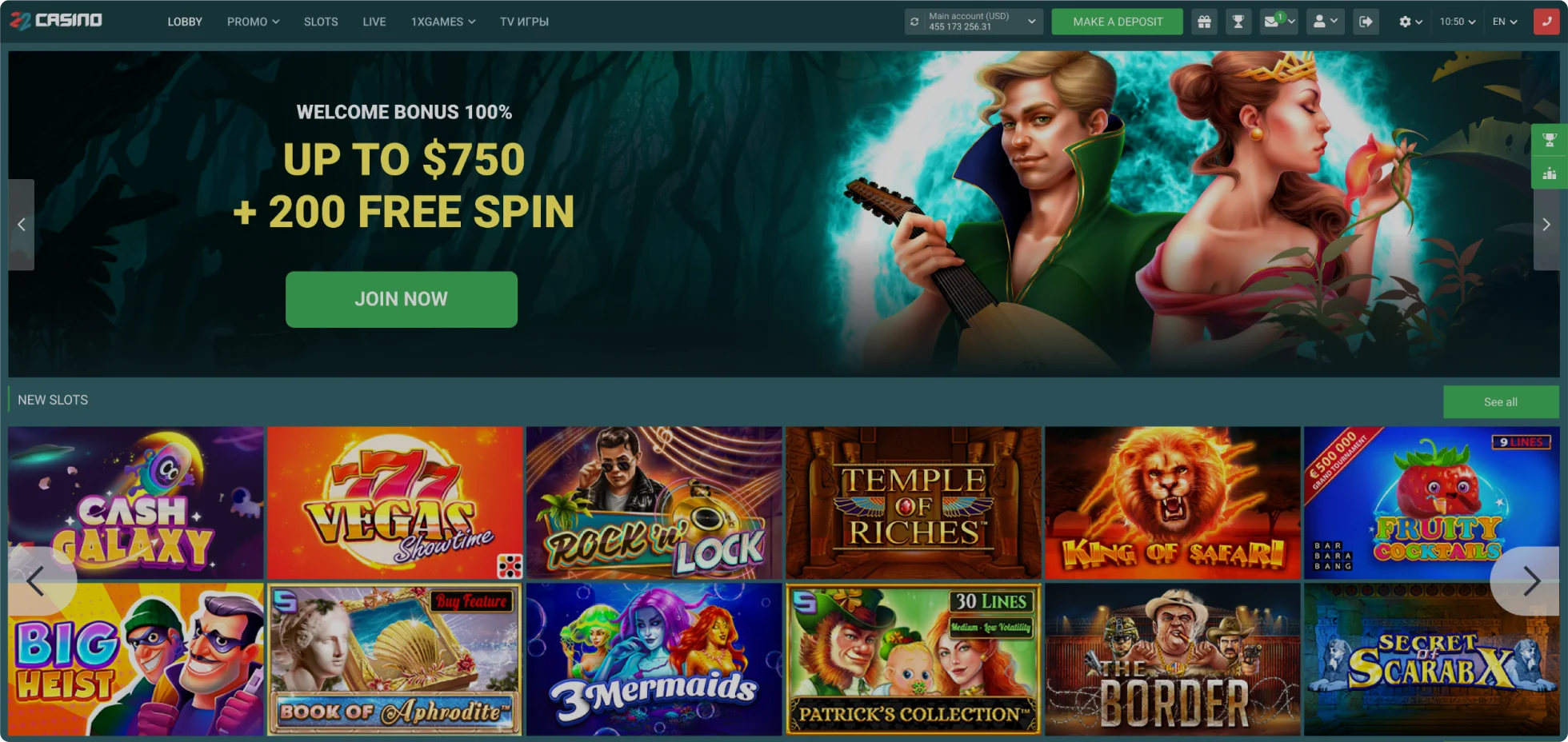 22Casino Site Screenshot